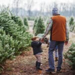 Happy toddler boy at a Christmas tree farm with his grandpa