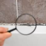 Looking at black mold under magnifying glass. Black mold has formed on silicone putty in bathroom. Cleaning a dirty bathroom.